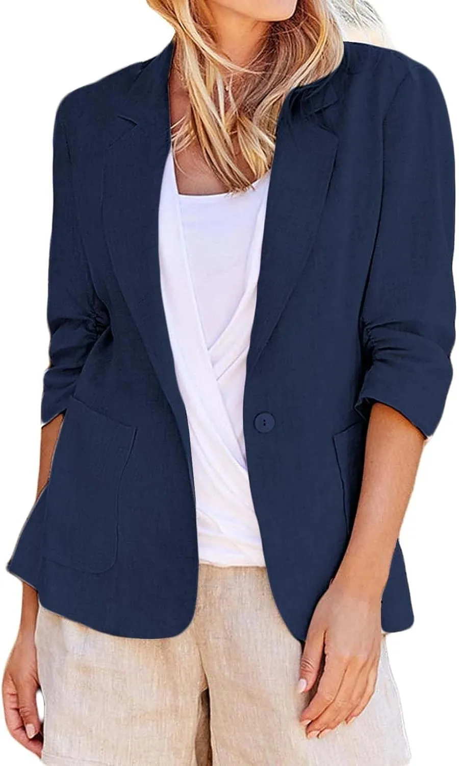 2024 Summer Linen Blazer Women 3/4 Ruched Sleeve Summer Lightweight Breathable Casual Work Office Jacket with Pocket
