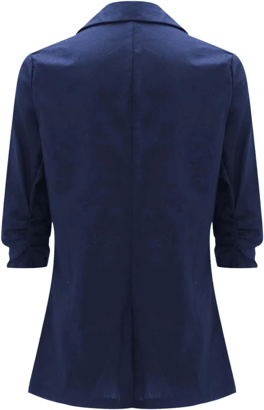 2024 Summer Linen Blazer Women 3/4 Ruched Sleeve Summer Lightweight Breathable Casual Work Office Jacket with Pocket