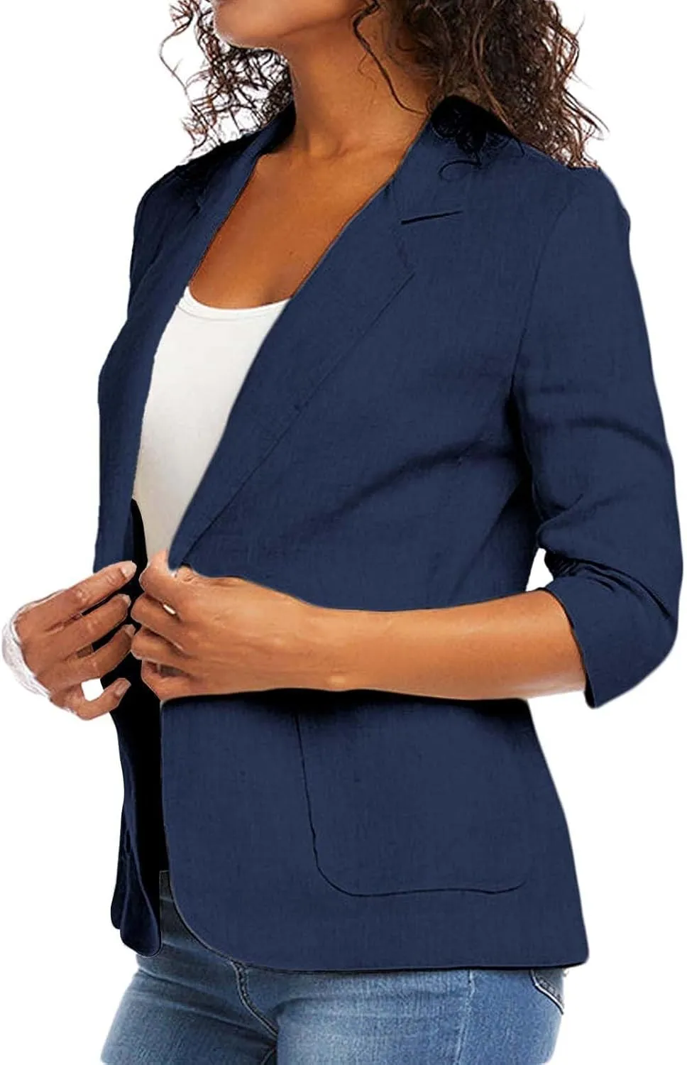 2024 Summer Linen Blazer Women 3/4 Ruched Sleeve Summer Lightweight Breathable Casual Work Office Jacket with Pocket