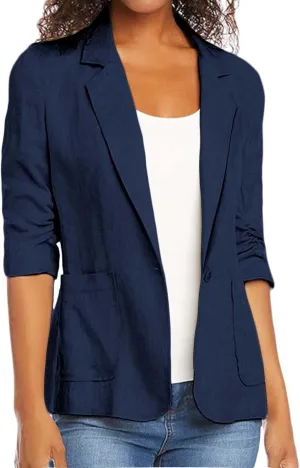 2024 Summer Linen Blazer Women 3/4 Ruched Sleeve Summer Lightweight Breathable Casual Work Office Jacket with Pocket
