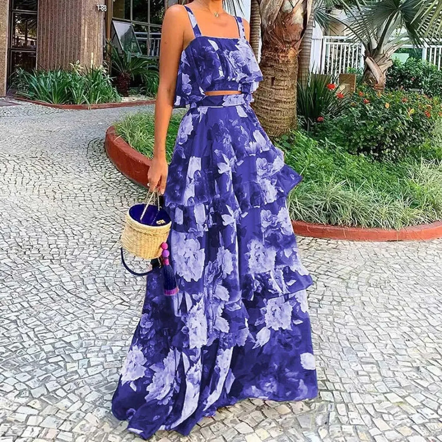 2025 Summer 2 Piece Boho Floral Outfits for Women Short Sleeve Off Shoulder Crop Top and High Waist Flowy Long Skirt Set