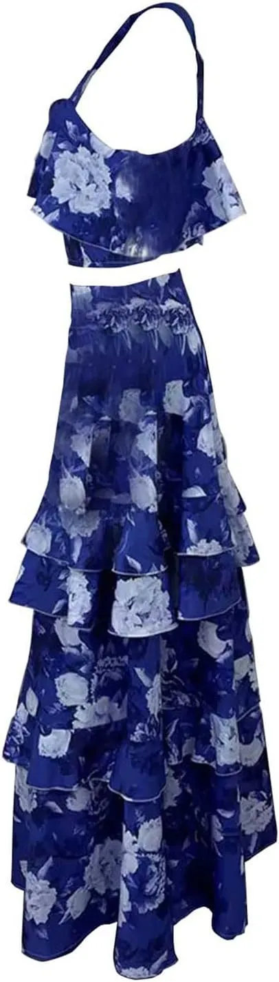2025 Summer 2 Piece Boho Floral Outfits for Women Short Sleeve Off Shoulder Crop Top and High Waist Flowy Long Skirt Set