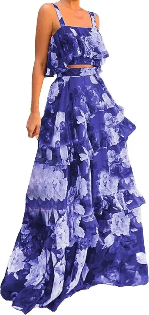 2025 Summer 2 Piece Boho Floral Outfits for Women Short Sleeve Off Shoulder Crop Top and High Waist Flowy Long Skirt Set