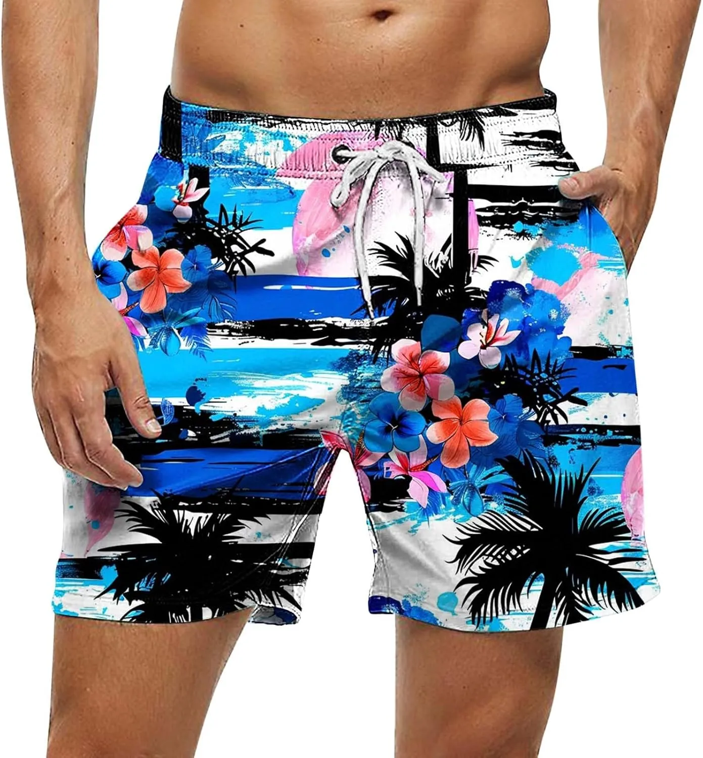 2025 Summer Hawaiian Beach Shorts Lightweight Elastic Waist Drawstring Casual Board Short with Pockets