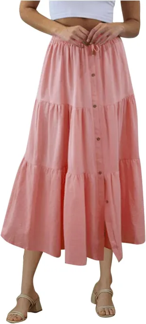 2025 Summer Skirts for Women Solid Button Front High Waisted Ruffled Skorts with Belt Casual Flowy A Line Maxi Skirt