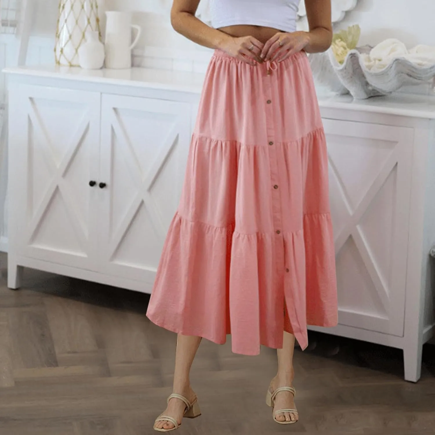 2025 Summer Skirts for Women Solid Button Front High Waisted Ruffled Skorts with Belt Casual Flowy A Line Maxi Skirt