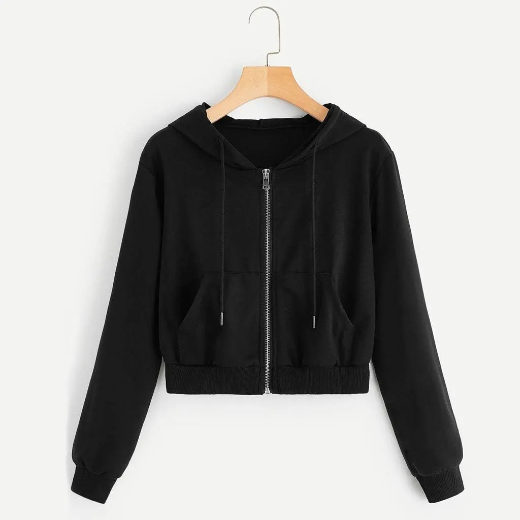 2025 Womens Cropped Zip Up Hoodie Long Sleeve Workout Hooded Sweatshirt Casual Drawstring Jackets Trendy Spring Coat