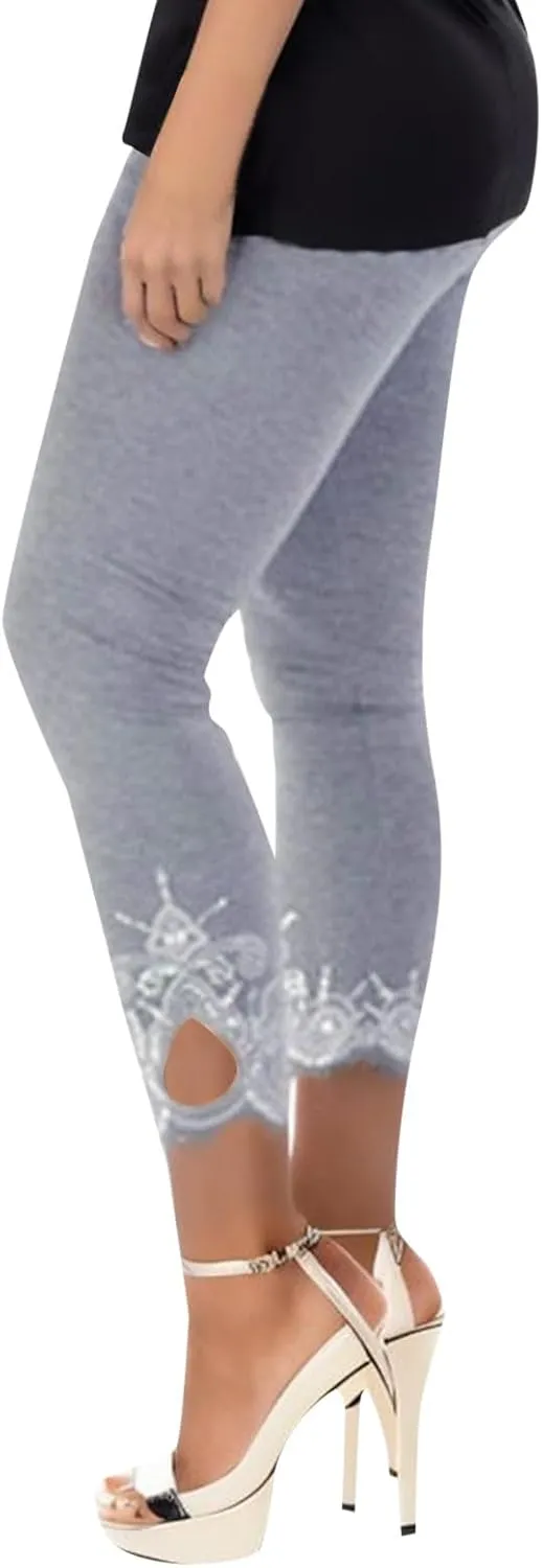 7/8 Leggings with Pockets for Women Plus Size High Waisted Capri Cropped Leggings Stretch Lace Trim Soft Tights Yoga Pants