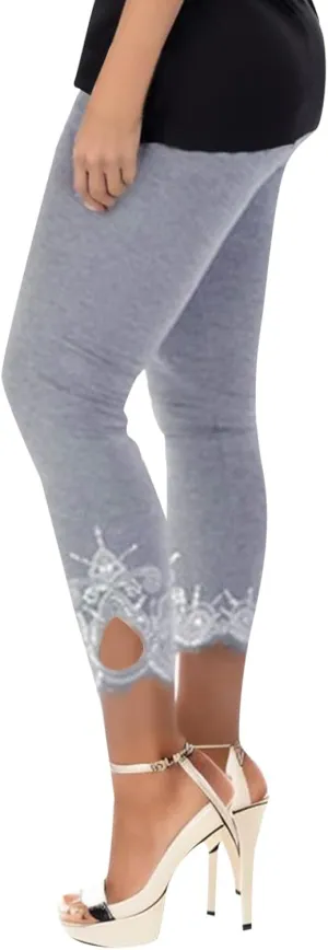 7/8 Leggings with Pockets for Women Plus Size High Waisted Capri Cropped Leggings Stretch Lace Trim Soft Tights Yoga Pants