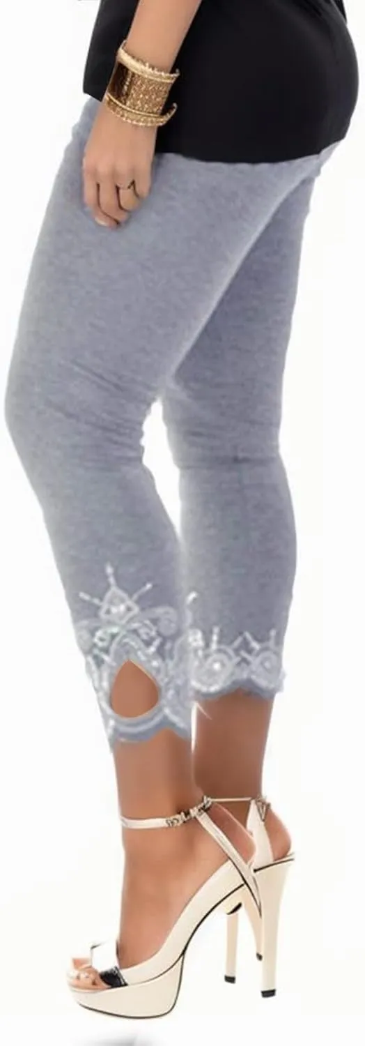 7/8 Leggings with Pockets for Women Plus Size High Waisted Capri Cropped Leggings Stretch Lace Trim Soft Tights Yoga Pants