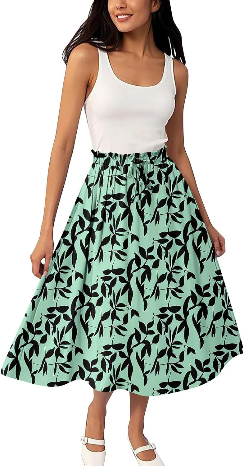 ADHOWBEW Boho Skirts for Women Cute Beach Plus Size Ruffle Trendy A Line Midi Length High Waisted Casual Flowy Spring Skirts