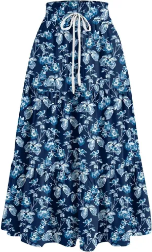 ADHOWBEW Boho Skirts for Women Flowy Cute Ruffle Midi Length Plus Size Beach A Line Casual High Waisted Trendy Spring Skirts