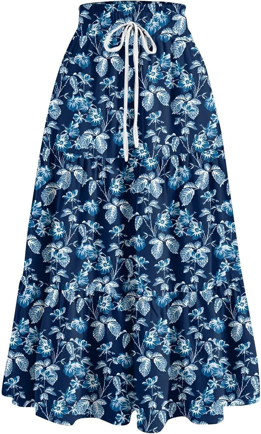 ADHOWBEW Boho Skirts for Women Flowy Cute Ruffle Midi Length Plus Size Beach A Line Casual High Waisted Trendy Spring Skirts