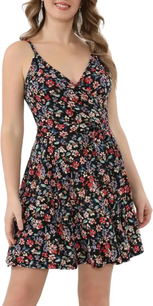 Aphratti Women's Summer Dress Casual Mini Sexy V-Neck Spaghetti Strap Faux Wrap Fit and Flare Short Sundress