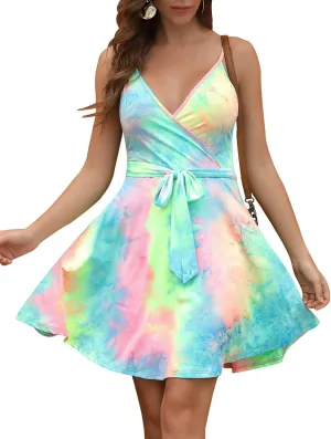 Aphratti Women's Summer Dress Casual Mini Sexy V-Neck Spaghetti Strap Faux Wrap Fit and Flare Short Sundress