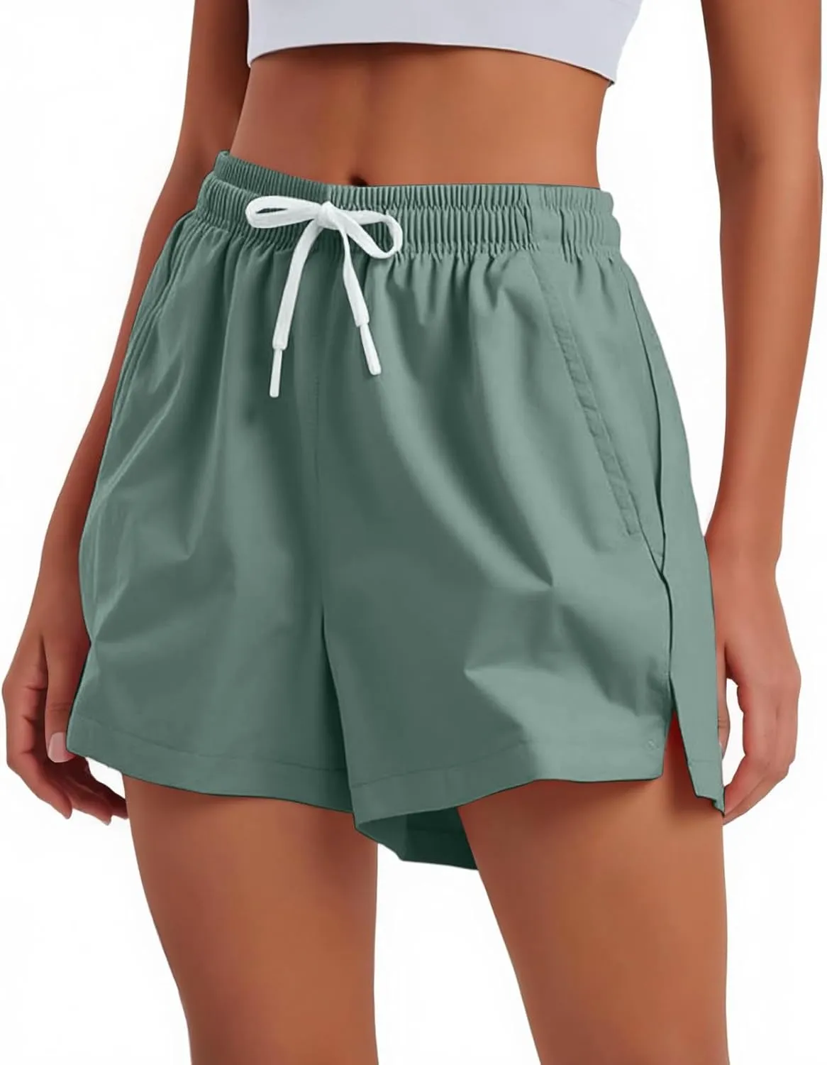 Athletic Shorts for Women Side Split Elastic High Waisted Quick Dry Workout Sporty Short with Pockets