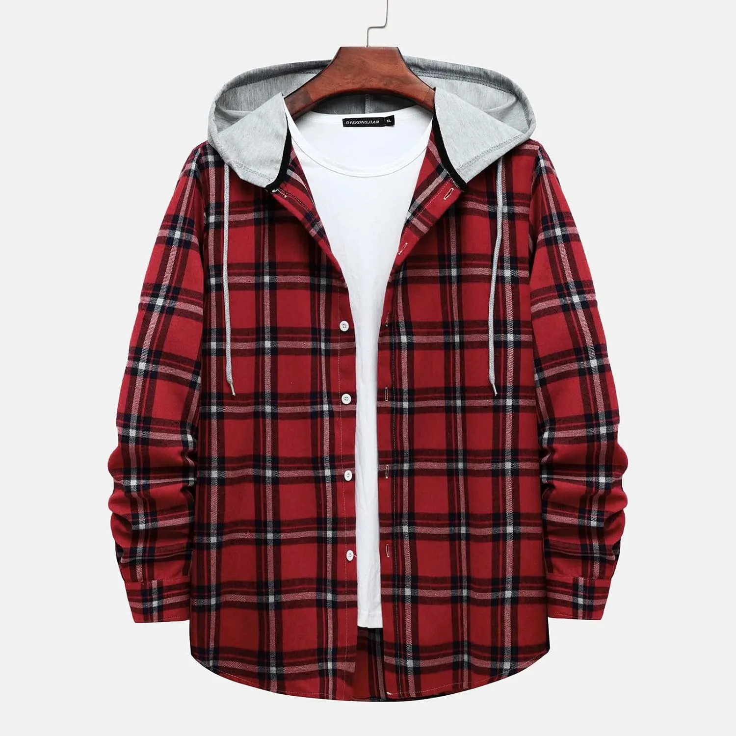 Aymnlox Hoodies for Men Fashion Long Sleeve Plaid Button Shirts Jacket With Hood Casual Stylish Drawstring Sweatshirts 2024