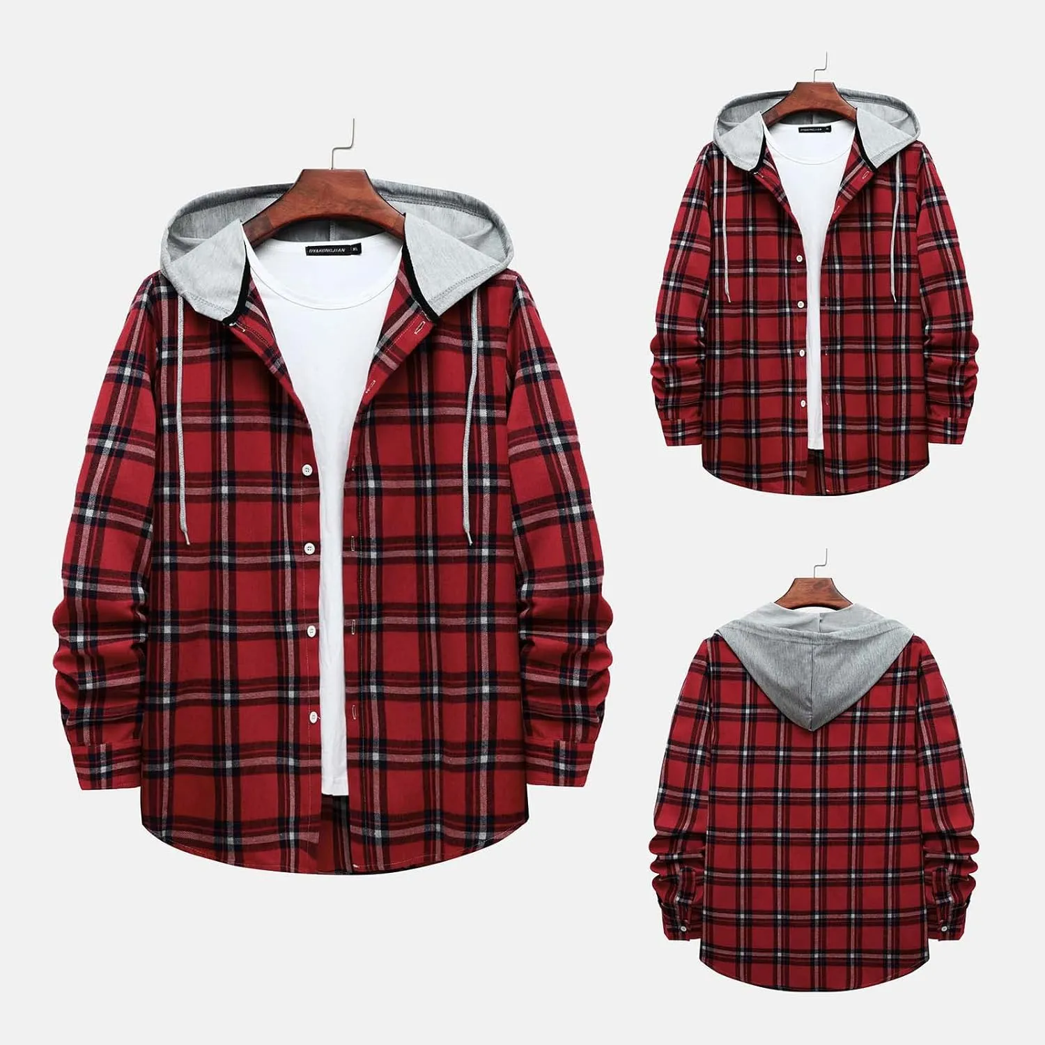 Aymnlox Hoodies for Men Fashion Long Sleeve Plaid Button Shirts Jacket With Hood Casual Stylish Drawstring Sweatshirts 2024