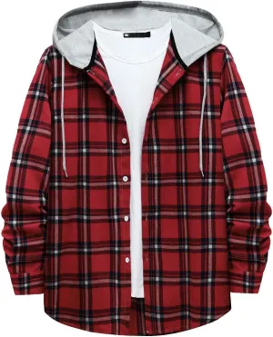 Aymnlox Hoodies for Men Fashion Long Sleeve Plaid Button Shirts Jacket With Hood Casual Stylish Drawstring Sweatshirts 2024