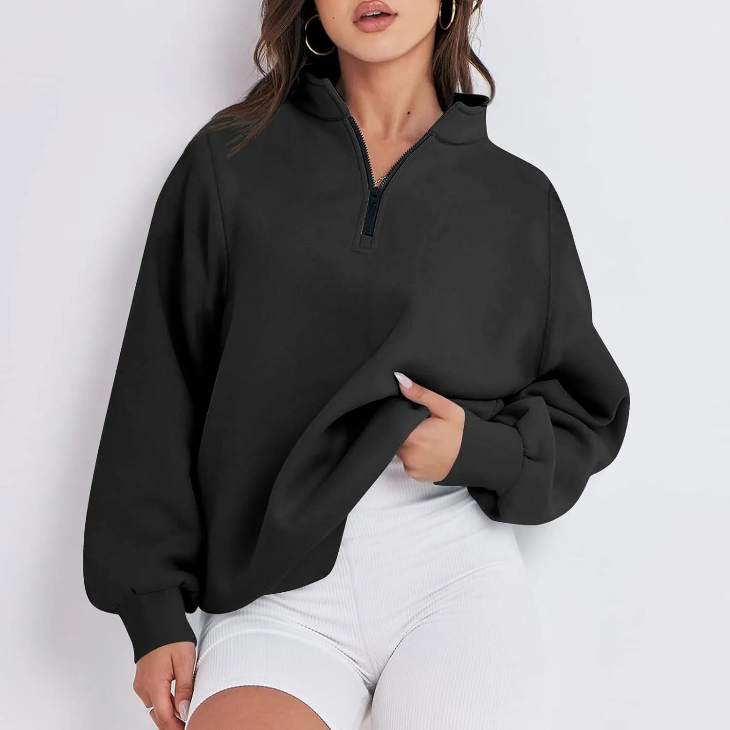 Baggy Half Zip Sweatshirt Women Lightweight Fleece Oversized Sweatshirts Fall Clothes Loose Fit Comfy Pullover Tops