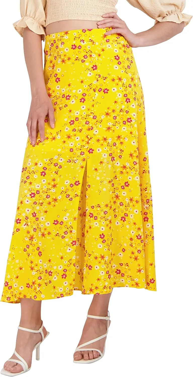 BCBGeneration Women's Fit and Flare Elastic Waistband Front Slit Button Midi Skirt
