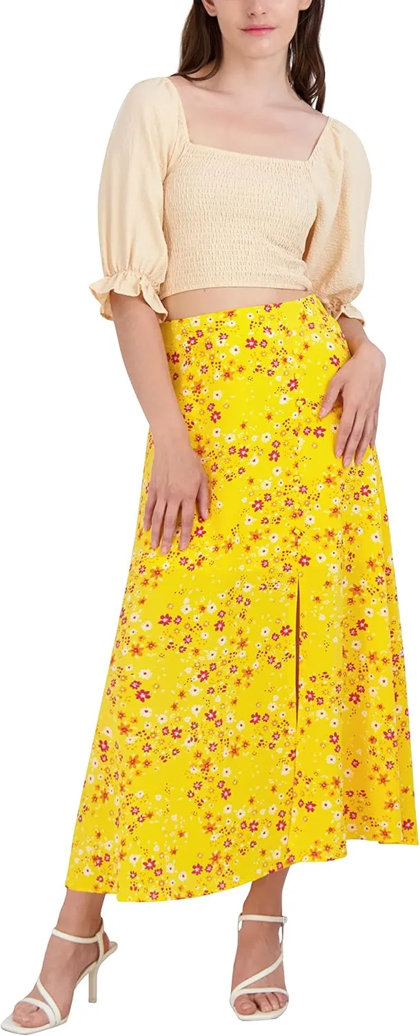 BCBGeneration Women's Fit and Flare Elastic Waistband Front Slit Button Midi Skirt
