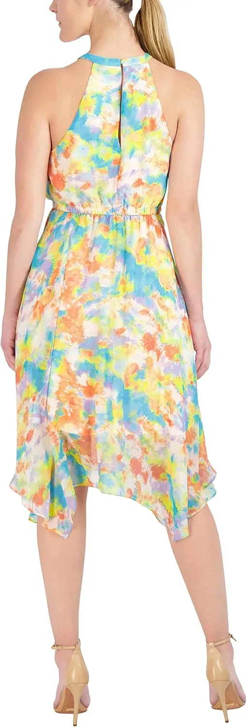 BCBGeneration Women's Fit and Flare Halter Neck Elastic Stretch Asymmetrical Hem Midi Dress