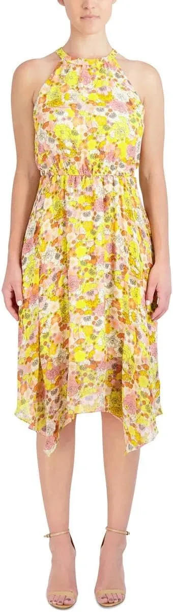 BCBGeneration Women's Fit and Flare Halter Neck Elastic Stretch Asymmetrical Hem Midi Dress