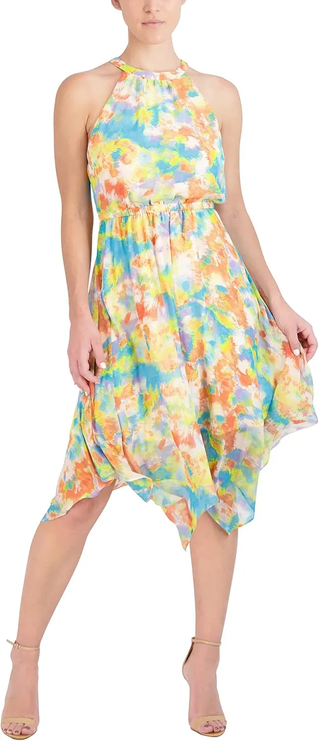 BCBGeneration Women's Fit and Flare Halter Neck Elastic Stretch Asymmetrical Hem Midi Dress