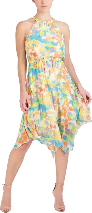 BCBGeneration Women's Fit and Flare Halter Neck Elastic Stretch Asymmetrical Hem Midi Dress
