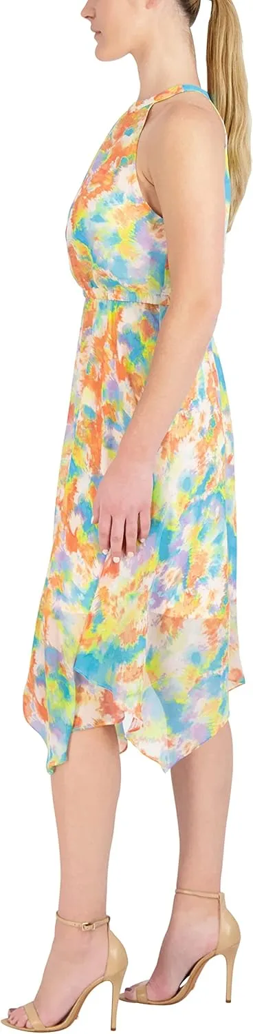 BCBGeneration Women's Fit and Flare Halter Neck Elastic Stretch Asymmetrical Hem Midi Dress
