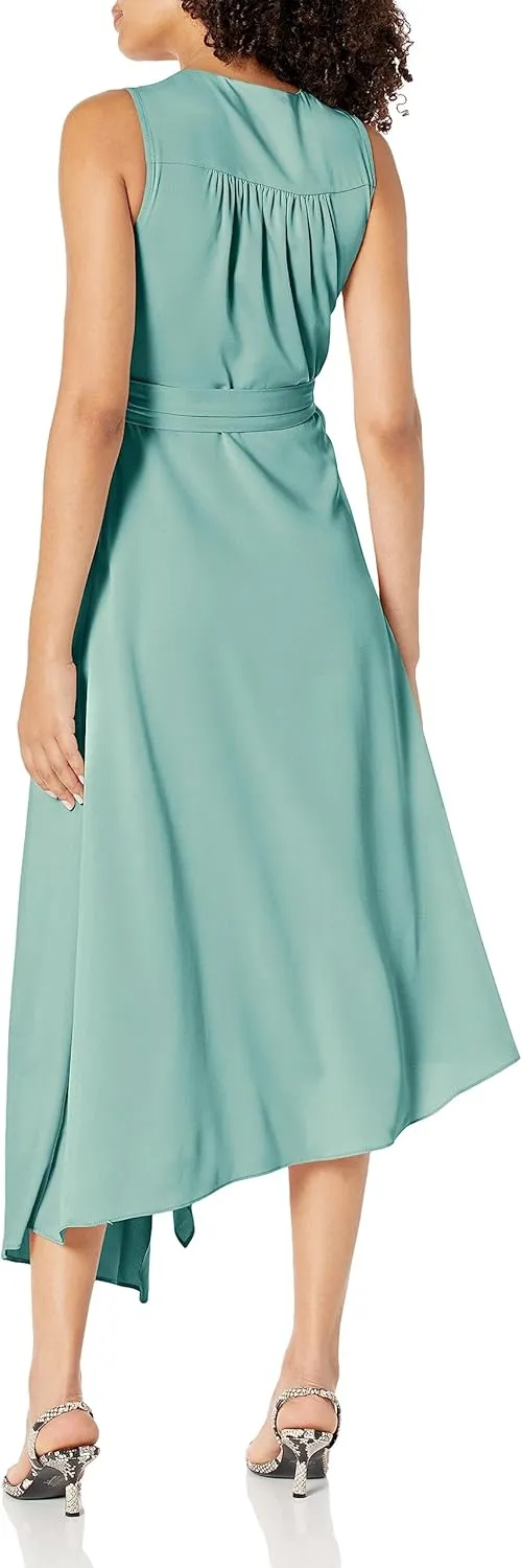 BCBGMAXAZRIA Women's Fit and Flare Asymmetrical Hem Tie Belt Midi Wrap Dress