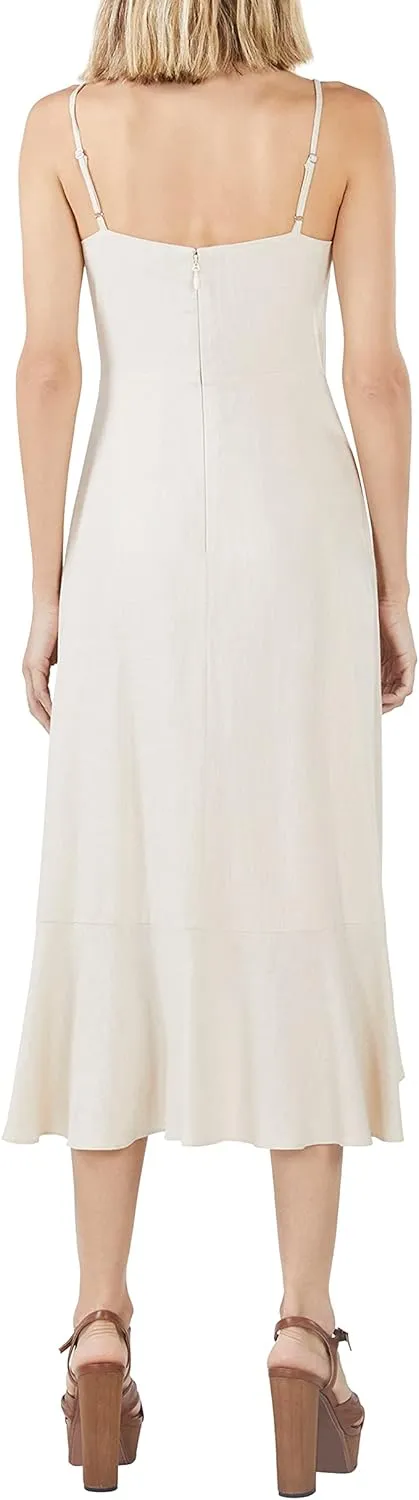 BCBGMAXAZRIA Women's Fit and Flare Faux Wrap Asymmetrical Ruffle Hem Midi Dress