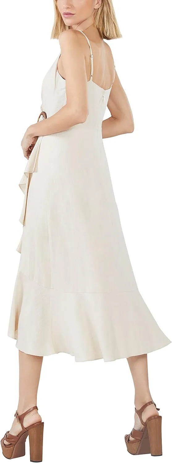 BCBGMAXAZRIA Women's Fit and Flare Faux Wrap Asymmetrical Ruffle Hem Midi Dress