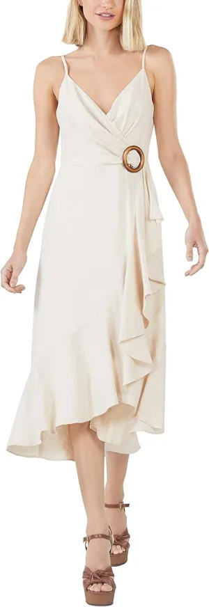 BCBGMAXAZRIA Women's Fit and Flare Faux Wrap Asymmetrical Ruffle Hem Midi Dress
