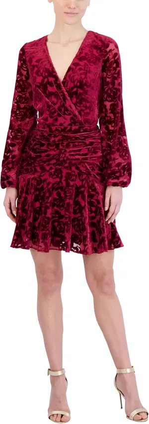 BCBGMAXAZRIA Women's Fit and Flare Mini Dress Long Sleeve Velvet Ruffle Skirt
