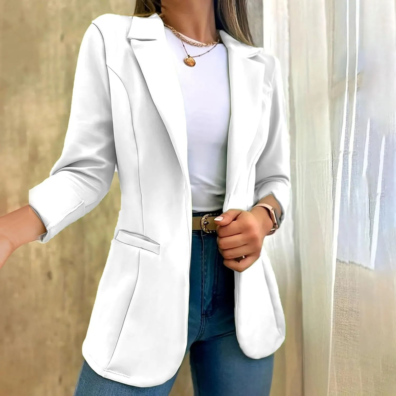 Blazer for Women Lapel 3/4 Sleeve Pocket Elegant Temperament Casual Business Comfortable Simple Stylish Suit Jackets