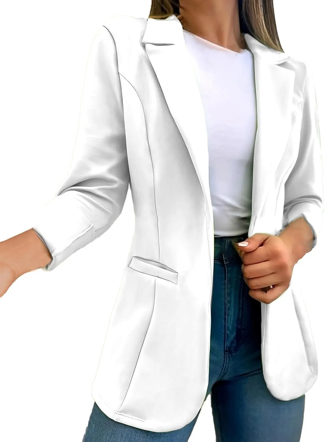 Blazer for Women Lapel 3/4 Sleeve Pocket Elegant Temperament Casual Business Comfortable Simple Stylish Suit Jackets