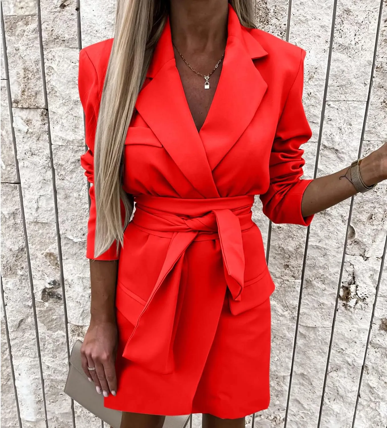Blazer for Women Lapel 3/4 Sleeves Pocket Mid-Length Waist Work Jacket Elegant Temperament Comfy Fashion Lightweight