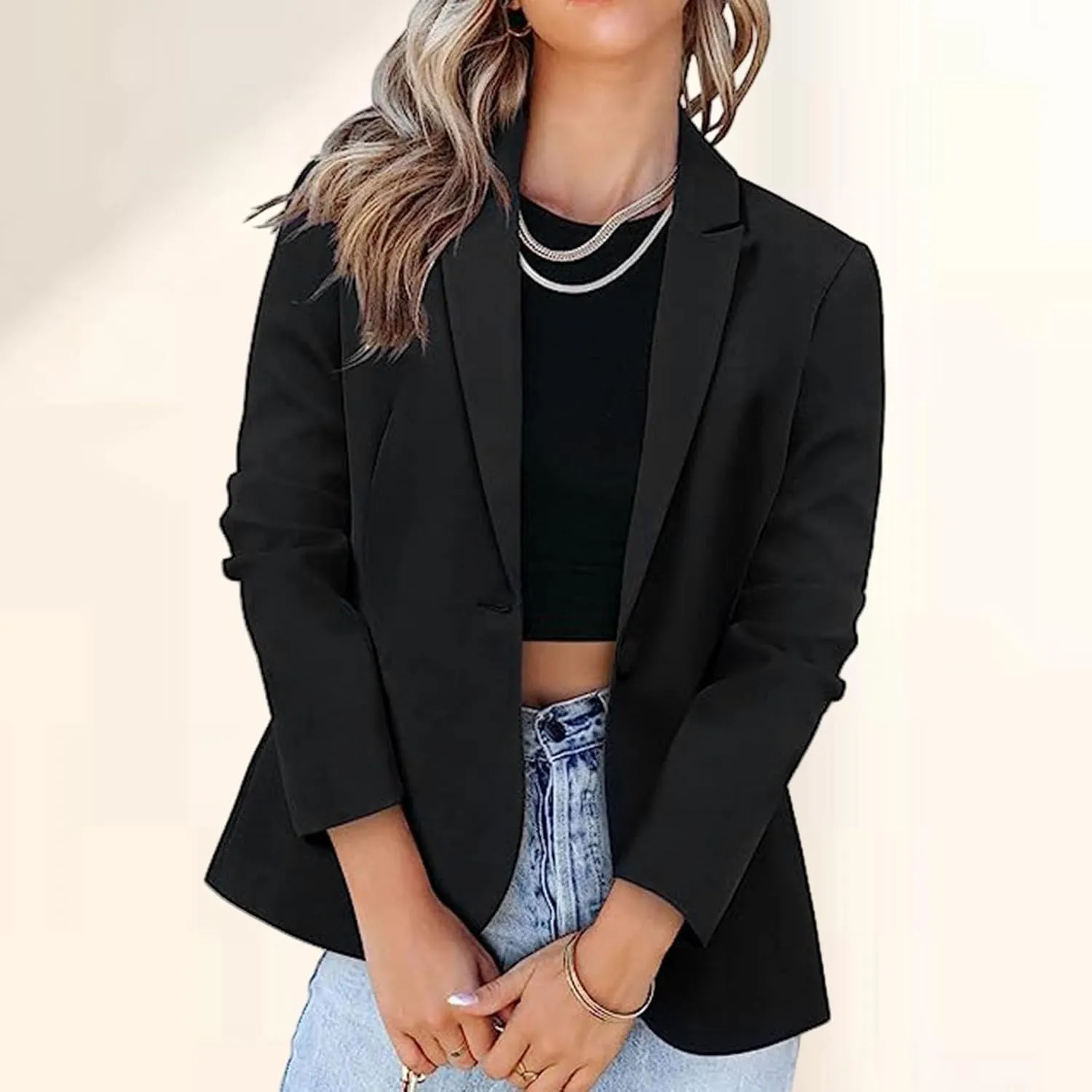 Blazers for Women Business Long Sleeve Open Front Blazers Casual Office Slim Button Suit Jacket with Pocket Cardigan