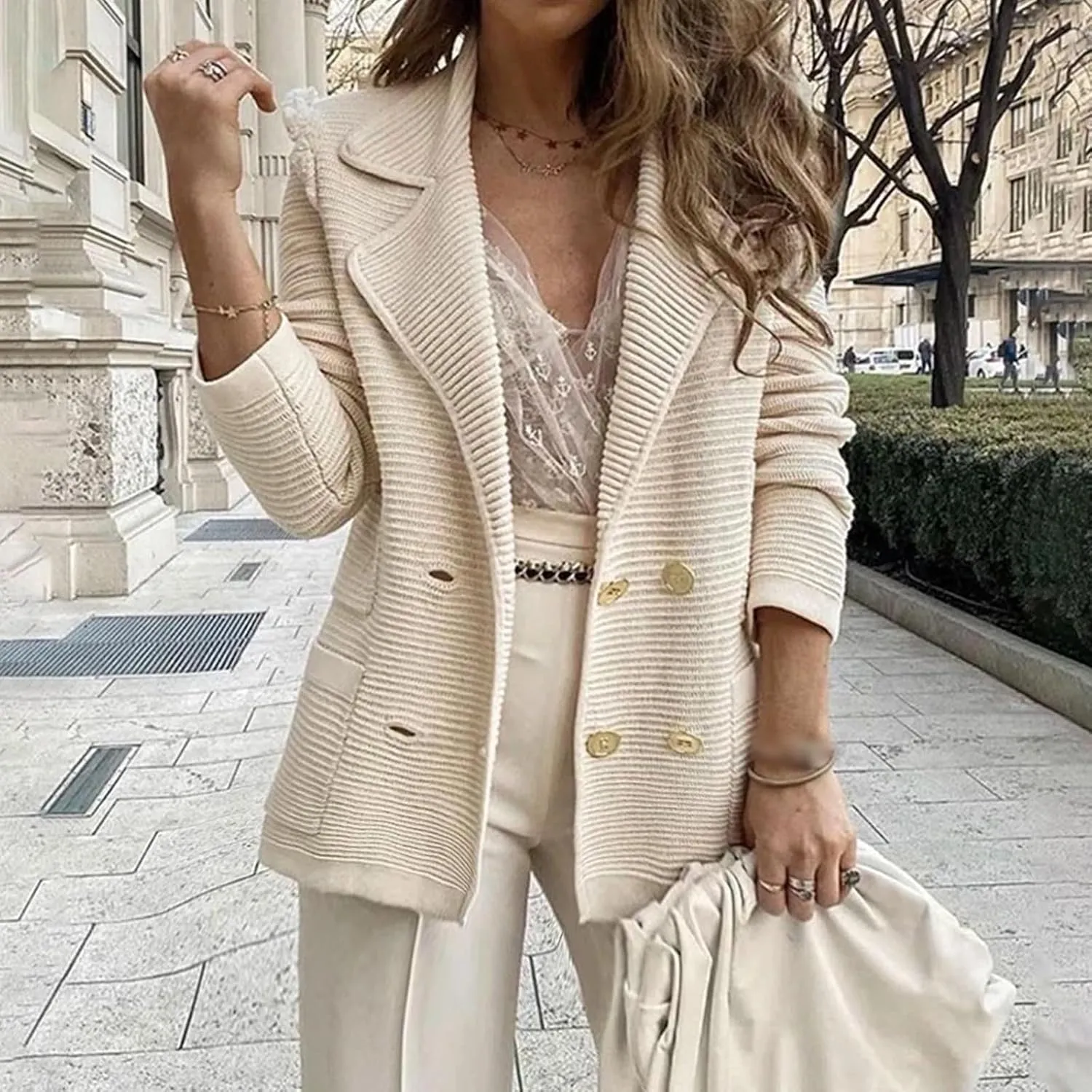Blazers for Women Lapel Collar Long Sleeve Double Button Work Office Blazer Jackets Business Casual Tweed Blazers