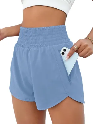 BMJL Women's High Waisted Athletic Shorts Pocket Workout Shorts Gym Sporty Running Shorts(L,Gray Blue)