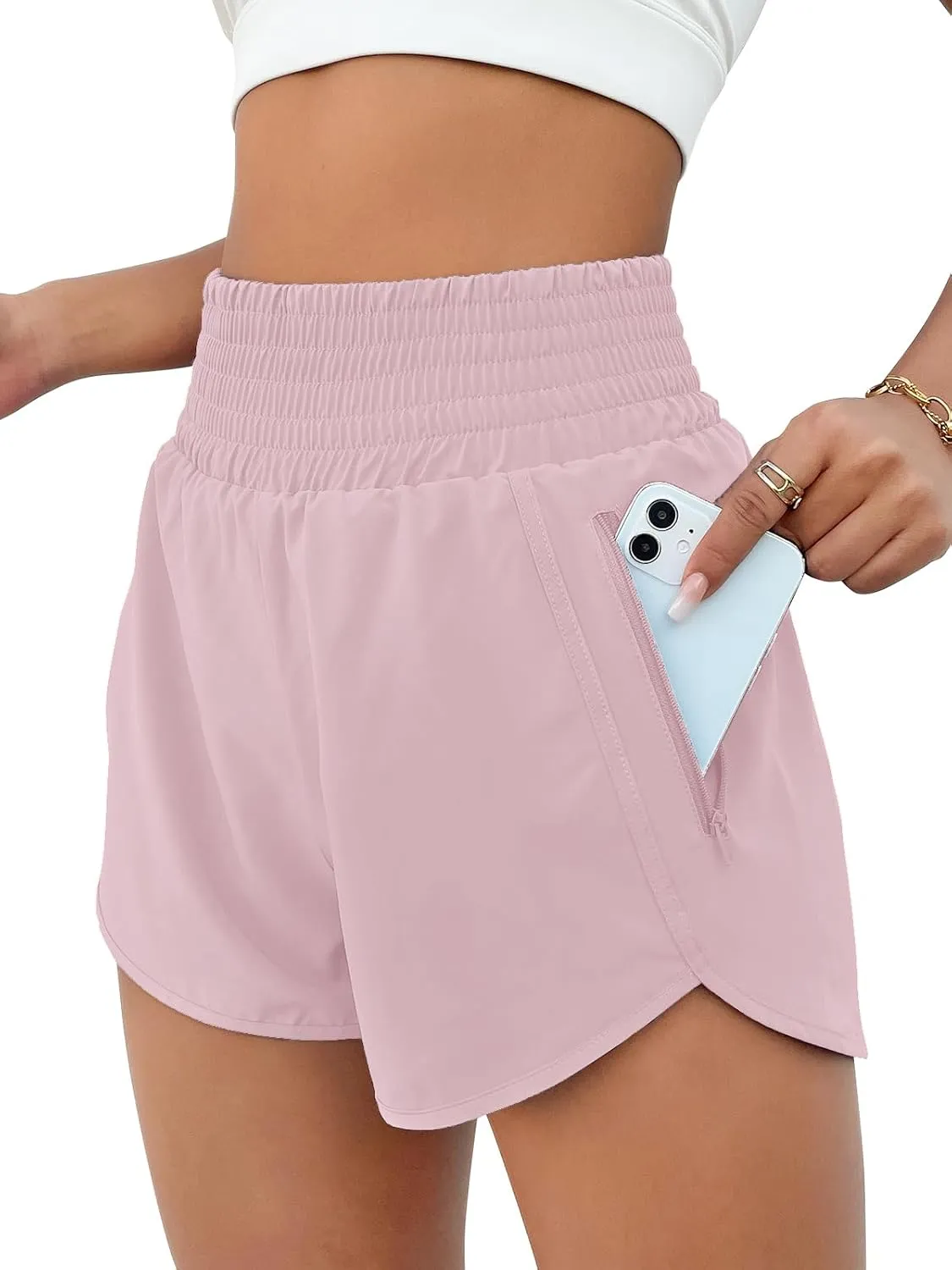 BMJL Women's High Waisted Athletic Shorts Pocket Workout Shorts Gym Sporty Running Shorts(S,Soft Pink)