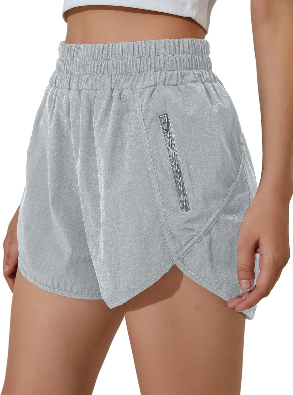 BMJL Women's Running Shorts Elastic High Waisted Shorts Pocket Sporty Workout Shorts Quick Dry Athletic Shorts Pants(L,Medium Blue Gray)