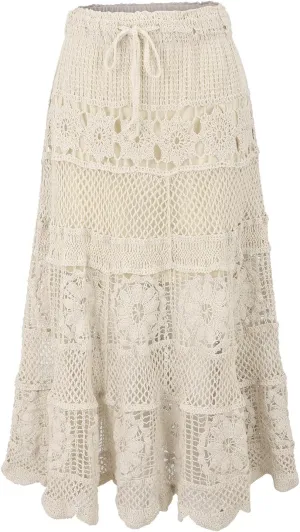 Boho Dresses for Women 2025 Elegant Hollow Stretchy Out Knit Flower Lace Summer Midi Skirts A-Line Maxi Dresses