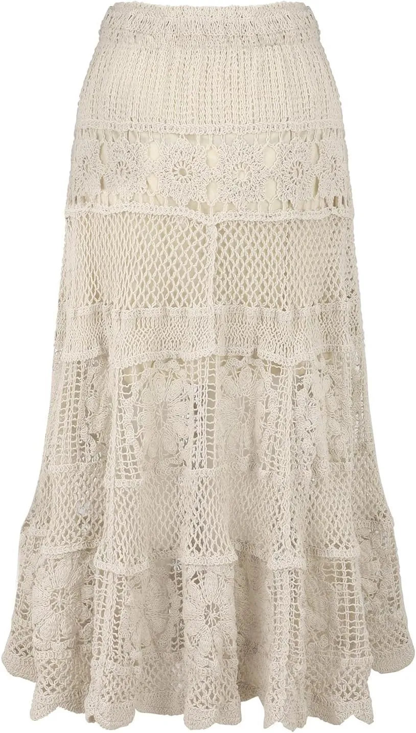 Boho Dresses for Women 2025 Elegant Hollow Stretchy Out Knit Flower Lace Summer Midi Skirts A-Line Maxi Dresses