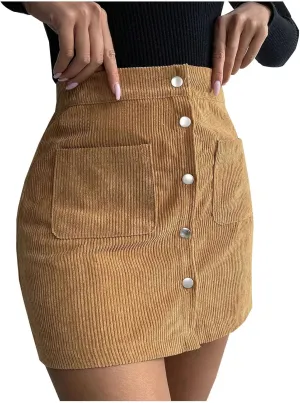 BTDECLAR Women's Button Front Mini Skirt Trendy Work Business High Waist A-line Pleated Corduroy Skater Skirts with Pockets