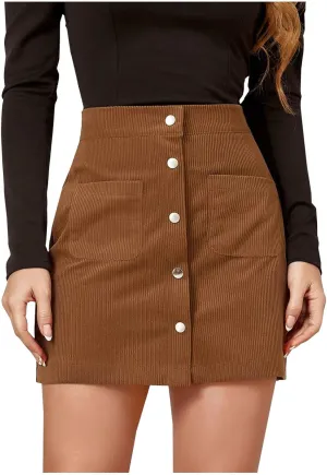 BTDECLAR Women's Button Front Mini Skirt Trendy Work Business High Waist A-line Pleated Corduroy Skater Skirts with Pockets
