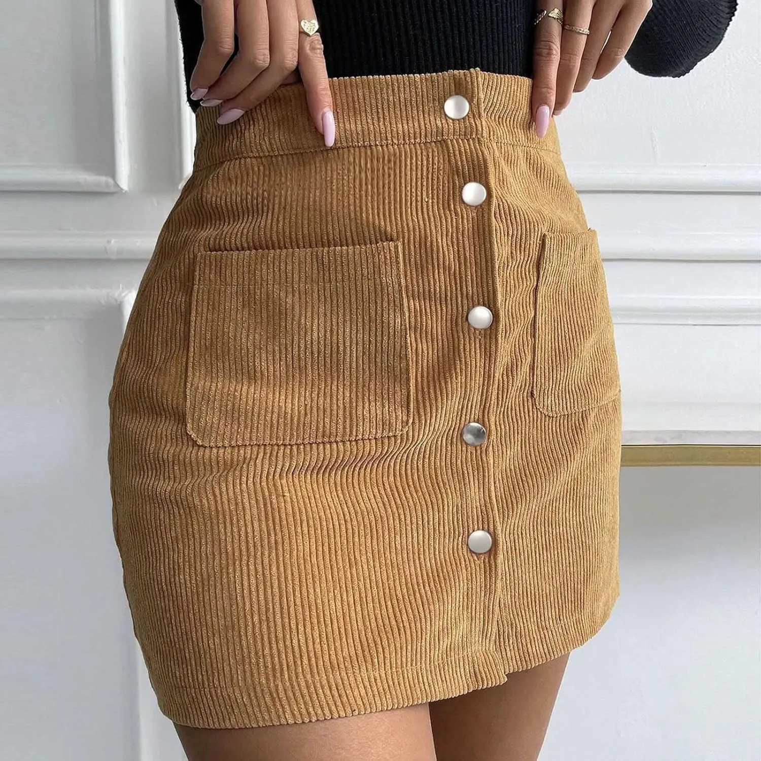 BTDECLAR Women's Button Front Mini Skirt Trendy Work Business High Waist A-line Pleated Corduroy Skater Skirts with Pockets