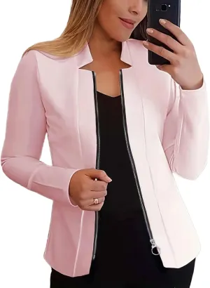 Bussiness Blazers for Women Notched Collar Suit Jacket Long Sleeve Work Office Blazer Jacket Solid Zipper Jackets